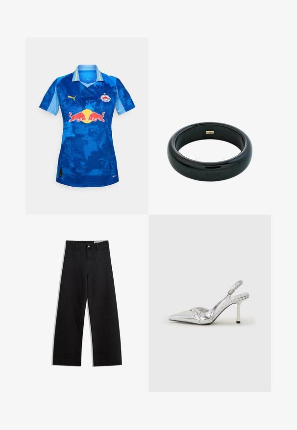 Maglia da calcio blu a maniche corte, con un design a gradiente, logo Puma, emblema Red Bull e un colletto con accenti azzurri.; Pantaloni in denim neri a gamba larga con vita alta, dotati di tasche anteriori e posteriori, cuciture a punto, e chiusura con bottone. Texture liscia.; Scarpe con tacco alto slingback argento con punta affusolata, finitura metallica, due cinturini decorativi e un tacco sottile con punta nera.; Bracciale in resina nera con superficie liscia e lucida e bordi arrotondati. Presenta un piccolo logo dorato "Pilgrim" all'interno.