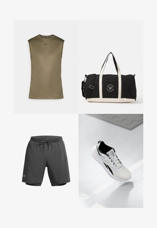 Ärmelloses Sportoberteil in Olivgrün, aus glattem, leichtem Material gefertigt. Mit einem schwarzen Reebok-Logo und einem Rundhalsausschnitt ausgestattet.; Dunkelgraue Sportshorts mit elastischem Bund, verstellbarem Kordelzug und innerer Mesh-Fütterung; verfügt über dezente Markierungen am linken Bein.; Hellgrau Sport-Schuh mit schwarzen Akzenten, strukturiertem Mesh-Obermaterial, gepolstertem Sohlen und Schnürverschluss. Mit einer Zuglasche an der Ferse.; Schwarze Sporttasche mit cremefarbenen Trägern und Logo; aus strapazierfähigem Stoff gefertigt, verfügt über einen Reißverschluss und eine Seitentasche für zusätzlichen Stauraum.