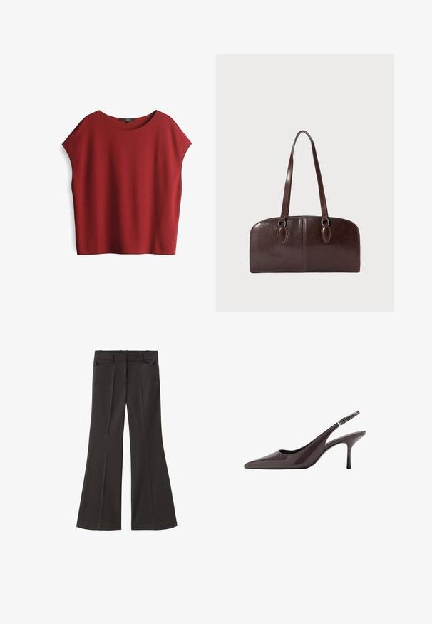 Rode top met korte mouwen en een losse, boxy pasvorm. Gemaakt van gladde stof, met een brede ronde halslijn en verlaagde schoudernaden.; Zwarte flared broek met een hoge taille; beschikt over twee voorkeurszakken en een gladde stoftextuur. Geschikt voor verschillende gelegenheden.; Puntige slingback hakken in donkerbruin lakleer, met een slanke hoge hak en een verstelbare enkelband met een gesp.; Bruine leren handtas met twee lange handvatten, een gestructureerde rechthoekige vorm, een gladde textuur en ronde randen. Beschikt over accentdetails bij de handvatten.