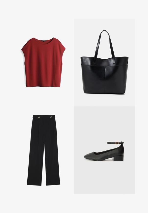Haut rouge à manches courtes avec un design ample et boxy. Fabriqué en tissu doux, avec un large col rond et des coutures d'épaule tombantes.; Pantalons larges noirs à taille haute, avec des détails de boutons à la taille et des plis sur le devant.; Escarpin en cuir noir avec un bout pointu et un petit talon bloc. Doté d'une bride de cheville avec une boucle dorée. Texture lisse.; Sac fourre-tout en cuir noir avec deux longues poignées, une texture lisse et une forme structurée. Dispose d'une poche avant pour un rangement supplémentaire.