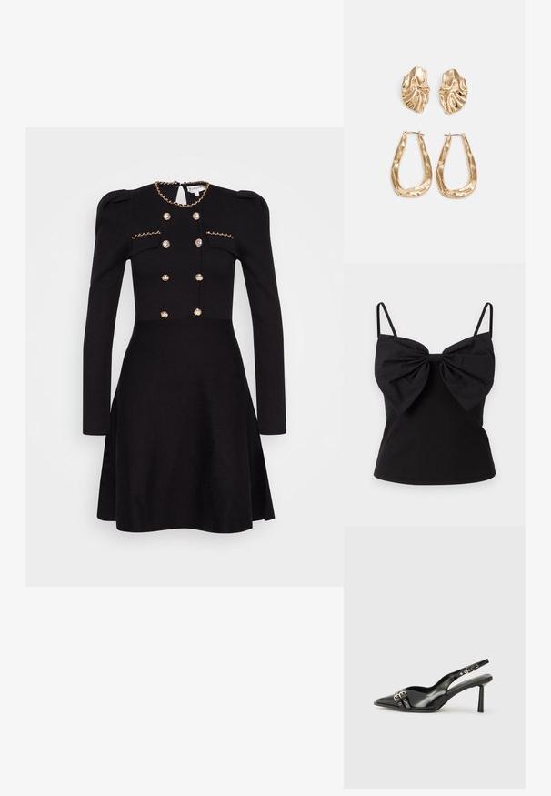 ONLY ONLFILIPPA BOW - Topper - black; Svart kjole med lange ermer, dekorativ gullkjede ved utringningen, dobbeltraded foran med stoffkledde knapper og innsnørt midje.; Sorte patentlær slingback-sko med spiss tå, ankelremmer med sølvspenner og detaljer, og en slank hæl.; Sølvmetallisk håndveske med en strukturert form, med en topphåndtak og sløyfedetalj foran. Glatt tekstur, reflekterende overflate.; Gullfargede øredobber med teksturerte, bølgete former. Inkluderer skulpturelle klipsstuds og åpen hoop-design med en hamret finish.