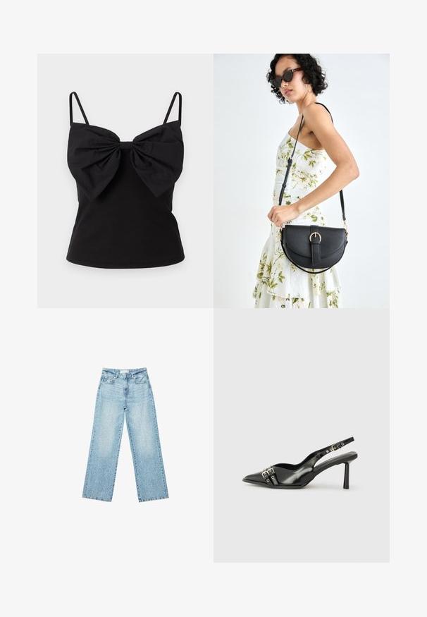 ONLY ONLFILIPPA BOW - Top - black; Jeans larghi in denim blu chiaro a vita alta, caratterizzati da un lavaggio sbiadito e da piccoli dettagli strappati sparsi.; Scarpa slingback in vernice nera con punta affusolata, cinturini alla caviglia con fibbie in argento e accessori, e tacco sottile.; Borsa a tracolla nera in pelle con una forma curva, manico rimovibile e accessori dorati. La borsa presenta una patta con un dettaglio a fibbia.