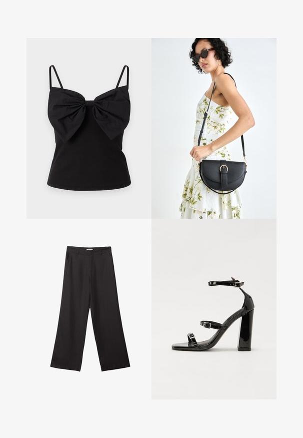 ONLY ONLFILIPPA czarny; Czarne spodnie z szerokimi nogawkami, wykonane z gładkiego materiału, z przednim zamkiem błyskawicznym i dwoma bocznymi kieszeniami, o dopasowanym kroju i minimalistycznym wzornictwie.; Czarne lakierowane sandały na obcasie z kwadratowym noskiem, z paskami wokół kostki i srebrnymi klamrami. Posiadają masywny słupek dla stabilności.; Czarna skórzana torebka o zakrzywionym kształcie, z odpinanym paskiem i złotymi akcentami. Torebka posiada klapę z zapięciem w kształcie klamry.