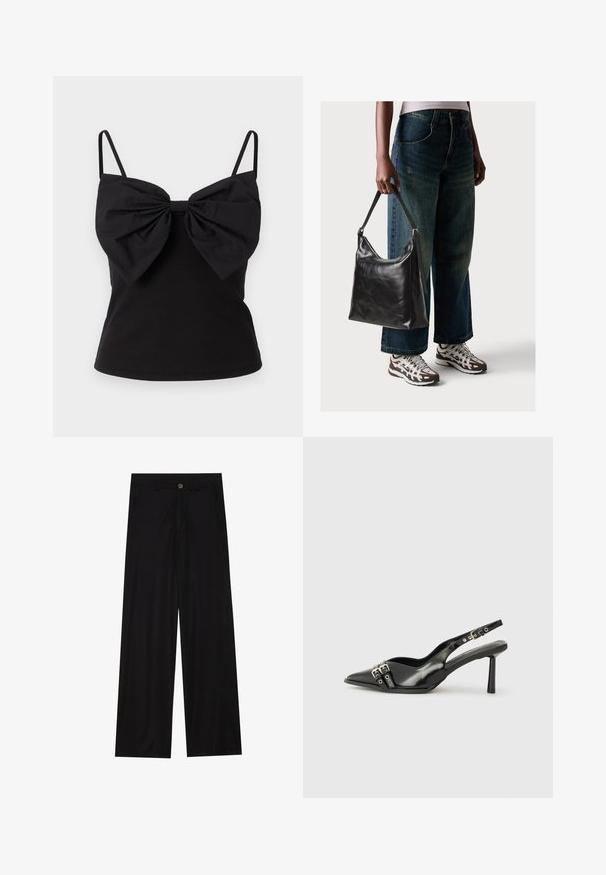 ONLY ONLFILIPPA BOW - Topper - black; Bredde ben sorte bukser laget av et glatt stoff, med frontlommer og knappelukking i midjen. Minimalistisk design uten mønstre.; Sorte patentlær slingback-sko med spiss tå, ankelremmer med sølvspenner og detaljer, og en slank hæl.; Sort skinnveske med en glatt tekstur og justerbar stropp, kombinert med falmede vide jeans og atletiske sneakers.