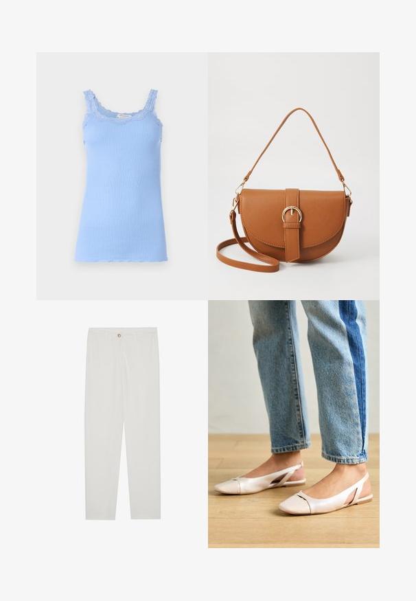 Top de alças canelado azul claro com acabamento de renda ao longo da gola e tiras. Apresenta uma silhueta ajustada e uma bainha ondulada.; Calças brancas, ajustadas, com um design de perna reta, apresentando um fecho de botão, passantes para cinto e bolsos laterais; textura de tecido suave.; Sapatilhas slingback de cor rosa pálido com bico fino, feitas de um material semelhante a couro liso. Apresentam detalhes recortados nas laterais e um salto plano.; Bolsa transversal de couro castanho com um formato curvado, ferragens douradas e um detalhe de fivela. Inclui uma alça de ombro destacável.