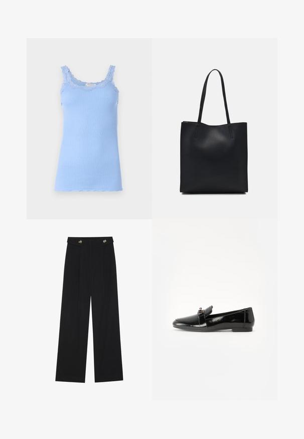 Light blue ribbed tank top with a lace trim along the neckline and straps. Features a fitted silhouette and a scalloped hem.; Black wide-leg trousers with high waist, button details on waistband, and front pleats.; Black patent leather loafer with a flat sole, rounded toe, and a decorative strap featuring a gold-tone accent. Smooth, shiny finish.; Black leather tote bag with smooth texture, rectangular shape, and two long handles. No visible hardware or embellishments.