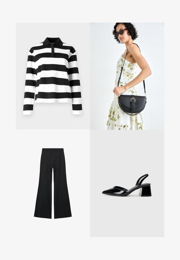 Polo a maniche lunghe a righe bianche e nere con colletto, dotato di patta con bottoni e un tessuto liscio e testurizzato.; Pantaloni neri a gamba larga con una texture liscia, caratterizzati da pieghe frontali e un design sartoriale. Il tessuto è leggero e fluido.; Décolleté in vernice nera con punta affusolata e tacco in geometria cubica. Presentano un design elegante e minimalista, con una texture liscia.; Borsa a tracolla nera in pelle con una forma curva, manico rimovibile e accessori dorati. La borsa presenta una patta con un dettaglio a fibbia.