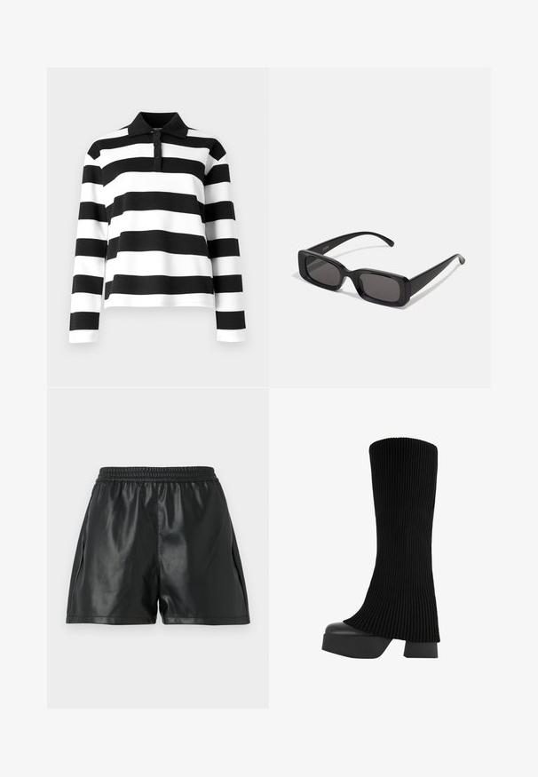 Czarno-biały, paskowany, długi rękaw polo z kołnierzykiem, z zapięciem na guziki i gładką, teksturowaną tkaniną.; Czarne szorty z faux skóry z elastycznym pasem, charakteryzujące się gładką fakturą i luźnym krojem. Bez widocznych wzorów ani akcentów.; Czarne wysokie kozaki z ribbowym materiałem, chunky platformą i blokowym obcasem, o gładkiej fakturze i nowoczesnym, eleganckim designie.; Czarne prostokątne okulary przeciwsłoneczne z ciemnymi szkłami, błyszczącym wykończeniem, szerokimi zausznikami i masywną konstrukcją. Wygrawerowana nazwa marki na jednym z zauszników.
