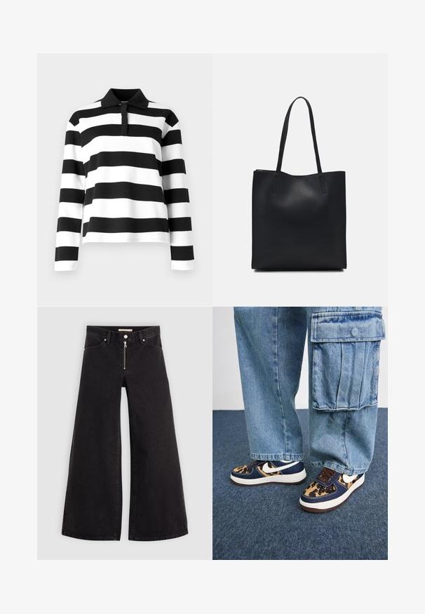 Black and white striped long-sleeve polo shirt with a collar, featuring a button placket and a smooth, textured fabric.; Wide-leg jeans in black denim with a zippered front, five-pocket design, and subtle stitching details. Smooth texture and casual style.; Navy blue sneakers with leopard print accents, white Nike swoosh, brown laces, and white midsole. Paired with light denim cargo pants.; Black leather tote bag with smooth texture, rectangular shape, and two long handles. No visible hardware or embellishments.