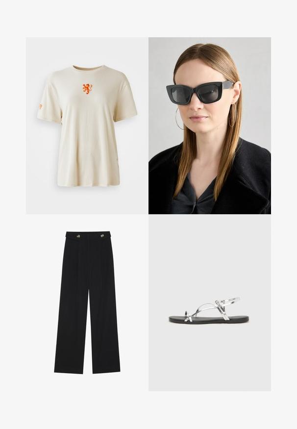 Beež puuvillane T-särk ümmarguse kaelusega. Rinnal on oranž lõviembleem ja varrukal oranž logo. Lühikesed varrukad.; Mustad laiad püksid kõrge vöökoha ja nööpdetailidega vööandil, esikortsudega.; Hõbedased metallilised sandaalid minimalistliku disainiga, millel on õhukesed rihmad ja must lamellõhk. Tunnusjoonte hulka kuuluvad risti asetatud rihmad.; Must musta prillid tumedate läätsedega, paksude raamidega ja tagasihoidlike aktsentidega. Kantud musta jope ja halli särkiga, pikki sirgeid juukseid kandes.; Hõbedane kahekordne rõngas sujuva, poleeritud pinnaga. Omab voolavat, kõverat disaini, millel on kattuvad sektsioonid, et saavutada kaasaegne ilme.