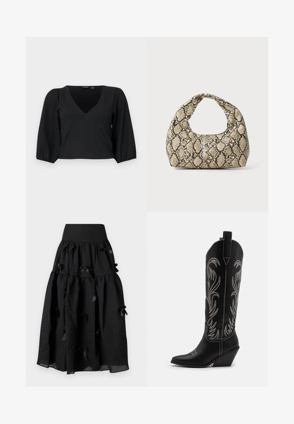 Juoda, tekstūruota megztinė su V formos iškirpte, su ilgomis pūstomis rankovėmis ir įvyniojimo stiliaus dizainu.; Sister Jane BIRDIE BOW MIDI SKIRT - Trapecinis sijonas - black; Juodi oda kaubojiški batai su smailiu nosiu, stulpeliu ir sidabriniais siuvinėti gėlių raštais palei šoną. Kontrastingas siuvinėjimas visoje bato dalyje.; Gyvatės rašto rankinė su kreiviu rankenėle. Pagaminta iš tekstūruotų smėlio ir rudos spalvos medžiagų, su išskirtiniu rombo raštu.