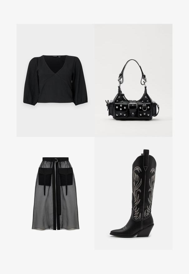 Melna, teksturēta pulovera augšdaļa ar V veida kaklu, iestrādātām garām puff piedurknēm un apmetuma stila dizainu.; Melnā caurspīdīgā svārka ar salikto jostasvietu, kas ietver divas lielas priekšējās kabatas, jostas saitīti un apaļu metāla akcentu.; Melnas ādas kovboju zābakus ar norādītām pirkstiem, sānām paceltu papēdi un sudraba izšūtām ziedu rakstiem gar zābaka kāju. Kontrasta dūrieni visā zābakā.; Melnas ādas rokturmais ar izliekumu, ar sudraba iedurtiem, sprādzi un divām sānu kabatām. Regulējams siksniņas garums dažādām nēsāšanas iespējām.