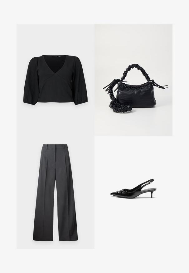 Černý, strukturovaný svetr s V výstřihem, dlouhými, nafouknutými rukávy a designem ve stylu zavinovačky.; Široké kalhoty z tmavě šedé látky, s vysokým pasem, jedním skladem a hladkou texturou s čistým zakončením na lemech.; Černé kožené lodičky na slingback s špičatou špičkou, malým podpatkem typu kitten a ozdobným uzlem na přední straně. Hladký povrch po celém obvodu.; Černá kabelka z umělé kůže s krokodýlím vzorem, staženým vrškem a zmačkaným popruhem. Zdá se, že má měkký a kompaktní design.