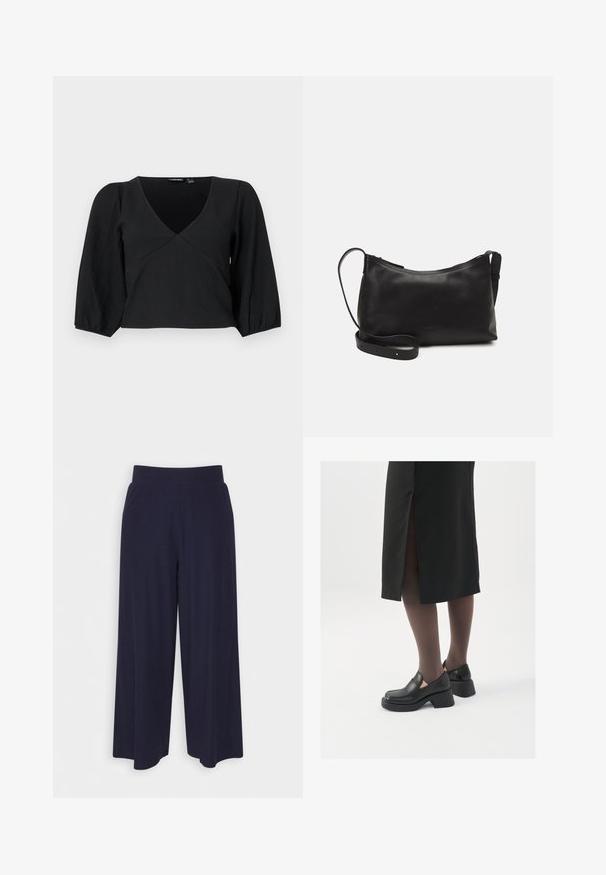 Svart, strukturert genser med V-hals, med lange, puffete ermer og drapert design.; Bredde bukser i mørk marineblå stoff med ribbet tekstur. Har en glatt midje og en luftig silhuett, som når midt på leggen.; Sorte lærersko med rund tå, tykk blokkheel og elastiske sideaksenter, sammen med mørke strømpebukser og et svart skjørt med splitt.; Svart skinn skulderveske med glatt tekstur, buet form, justerbar stropp og glidelås. Minimalistisk design uten dekorasjoner.