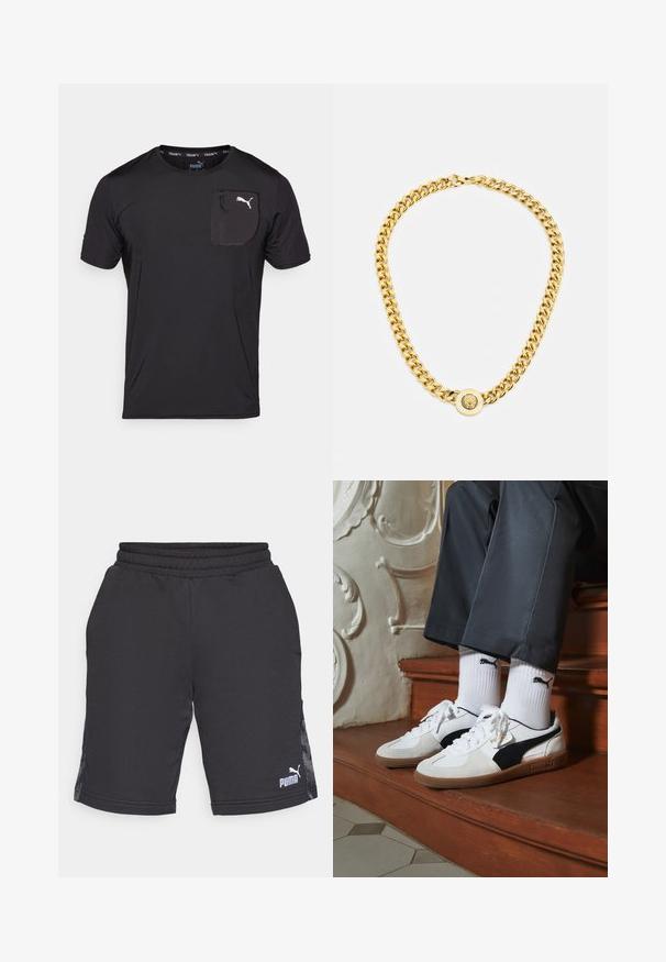 Puma FLEX TEE - Sports T-shirts - black; Sorte atletiske shorts lavet af et glat stof, med en ribbet talje og sidelapper med et subtilt mønster. Puma-logoet nederst til højre.; Puma sneakers i hvid og sort ruskind med en brun gummisål. Bæres med hvide sokker med et sort logo og mørke bukser.; Guldkæde med store sammenflettede led, der har en cirkulær vedhængdetalje i midten med et forhøjet emblem.