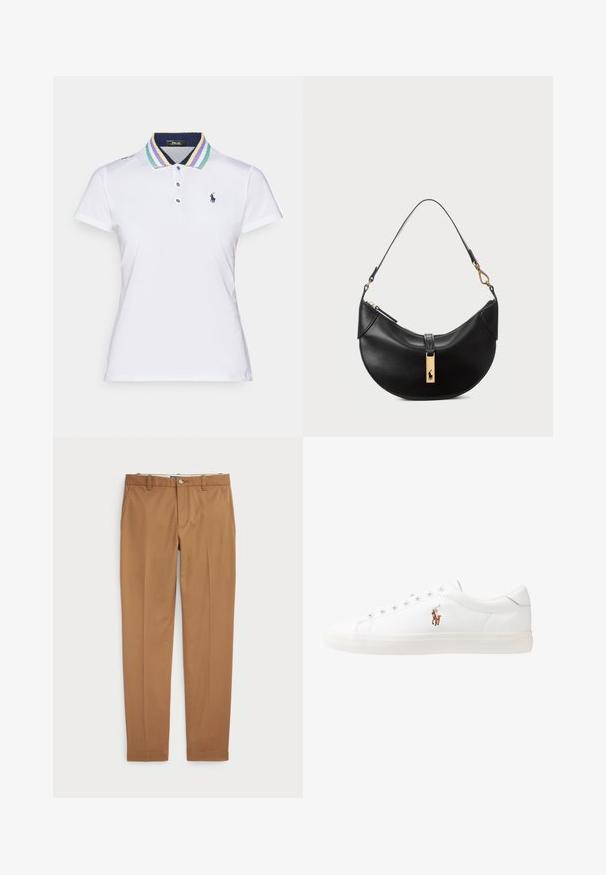 Polo Ralph Lauren Polo krekls - ceramic white/corn yellow/multi-coloured; Brūni kokvilnas bikses ar šauru piegriezumu, plakanu priekšpusi un standarta kabatām; gluda tekstūra un apšūti manšetes.; Baltas ādas sporta apavi, zema dizaina, ar gludu tekstūru, noapaļotu purngalu, ar auklēm priekšpusē un nelielu izšūtu logotipu sānos.; Melnas ādas rokas soma pusmēness formas. Iezīmē zelta metāla akcentus un šauru siksniņu. Gluda tekstūra, rāvējslēdzēja aizdare augšpusē.