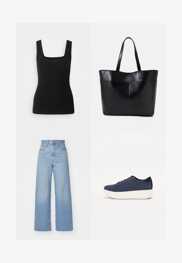 Musthave musta ilma varrukatega särk, millel on ruudukujuline kaelus, valmistatud sileda kangaga; sobiv disain ilma mustrite või metallaktsentideta.; Heledad sinine kõrge vöökohaga laiad teksad, ees nupp ja tõmblukk, ees ja taga taskud, valge tausta peal.; Tumedat sinised tennised tekstureeritud riidest pealispinnaga, valge platvormi tallaga, ümarate varvaste ja musta kontsapaneeliga. Omab kuut silma paelte jaoks.; Must mustaga musta nahast, millel on kaks pikka kanda, sile tekstuur ja struktureeritud kuju. Esipoolsel on lisakoti jaoks tasku.