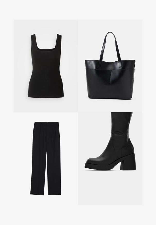 Czarny bezrękawnik z kwadratowym dekoltem, wykonany z gładkiego materiału; dopasowany krój bez wzorów i metalowych akcentów.; Czarne spodnie o prostym kroju nogawek, z dwoma przednimi kieszeniami i paskiem w talii. Wykonane z gładkiego, lekkiego materiału.; Czarna skórzana botka do połowy łydki z masywnym słupkiem i okrągłym noskiem, przedstawiona w profilu bocznym na białym tle.; Czarna skórzana torba na ramię z dwoma długimi uchwytami, gładką teksturą i sztywną formą. Posiada przednią kieszeń dla dodatkowego przechowywania.