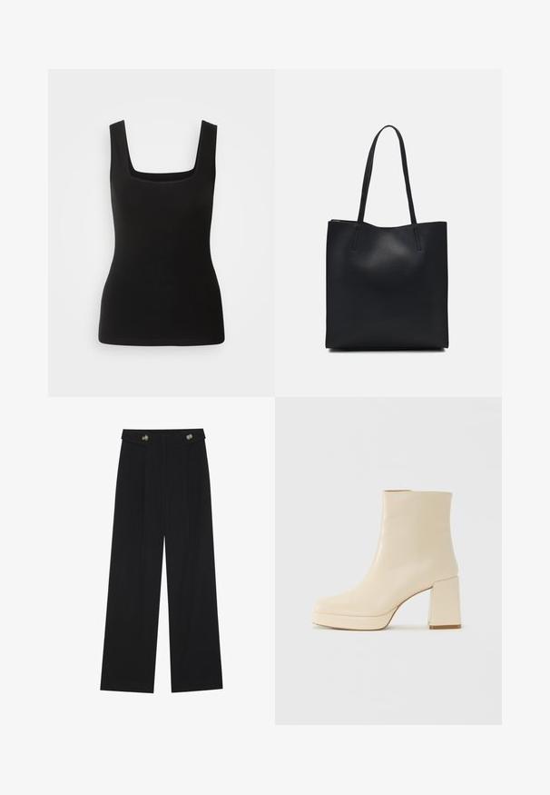 Black sleeveless tank top with a square neckline, made from smooth fabric; fitted design without patterns or hardware accents.; Black wide-leg trousers with high waist, button details on waistband, and front pleats.; Beige leather ankle boot with block heel and platform sole, smooth finish, and slightly squared toe facing left on white background.; Black leather tote bag with smooth texture, rectangular shape, and two long handles. No visible hardware or embellishments.