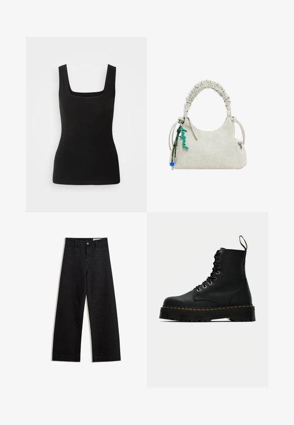 Crna bezrukavna majica s kvadratnim izrezom, izrađena od glatkog materijala; prilagođeni dizajn bez uzoraka ili metalnih detalja.; Crne široke traperice s visokim strukom, s prednjim i stražnjim džepovima, šivenim šavovima i kopčanjem na gumb. Glatka tekstura.; Crne kožne čizme do gležnjeva s čipkastim zatvaranjem, chunky teksturirana gumena podloga i žutih šavova oko platforme.; Off-white lažna kožna torba s naboranom drškom, džepom na zip i zelenim privjeskom. Glatka tekstura, suptilni uvezeni logotip i elegantan dizajn.