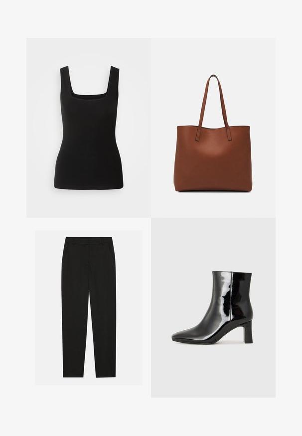 Melnas bez piedurknēm tvertnes blūze ar kvadrātveida izgriezumu, izgatavota no gludas auduma; pieguļošs dizains bez rakstiem vai papildinājumiem.; Melnas bikses ar pielāgotu dizainu, ar sānu kabatām un taisnu kāju. Izgatavotas no gluda, viegla auduma ar elegantu apdari.; Melnas patentētas ādas potīšu zābaki ar norādītu pirkstu un vidēja augstuma kvadrātveida papēdi. Gluda tekstūra un minimālisma dizains.; Brūna ādas iepirkumu soma ar gludu tekstūru, atvērta augšdaļa un divas plecu siksnas. Izceļas ar minimālām šuvēm un redzamu aparatūru nav.