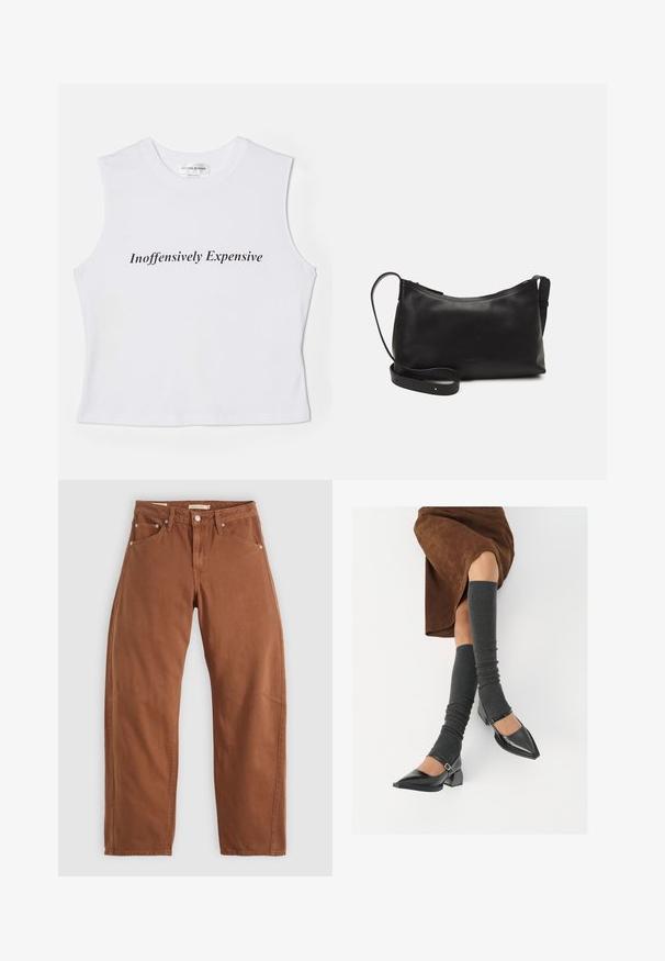 Vit ärmlös croptop med texten "Inoffensively Expensive" i svart, tillverkad av mjuk bomull med en slät yta.; Rostbruna raka jeans med fram- och bakfickor, metallnitar, knappstängning och bältesöggor, liggande platt på en vit bakgrund.; Svarta lackläderskor med spetsig tå, blockklack och ankelrem, i kombination med grå ribbade benvärmare och en brun mockakjol.; Svart läder axelväska med en slät yta, rundad form, justerbar rem och dragkedjestängning. Minimalistisk design utan utsmyckningar.