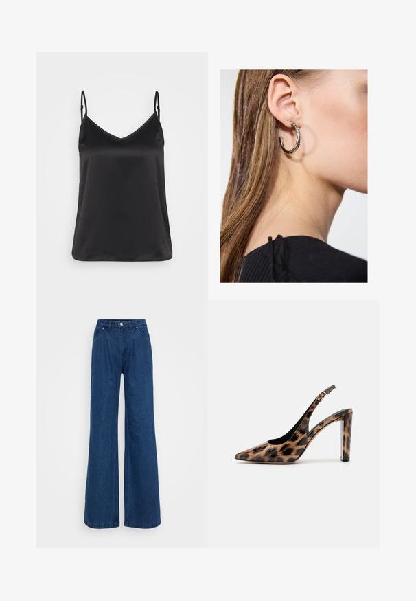 Schwarzes Satin-Camisole mit V-Ausschnitt, dünnen verstellbaren Trägern und einer glatten, glänzenden Textur. Keine Muster oder zusätzlichen Akzente.; Weite blaue Jeans mit hoher Taille, vorderem Knopf- und Reißverschlussverschluss sowie Vorder- und Hintertaschen vor einem schlichten Hintergrund.; Pumps mit Leopardenmuster im Slingback-Stil, spitz zulaufend und mit transparentem Blockabsatz. Hergestellt aus glänzendem Material mit glatter Oberfläche.; Silberne Creolen mit polierter Oberfläche, die kleine goldene Akzentdetails und eine runde Form aufweisen, am Ohrläppchen getragen.