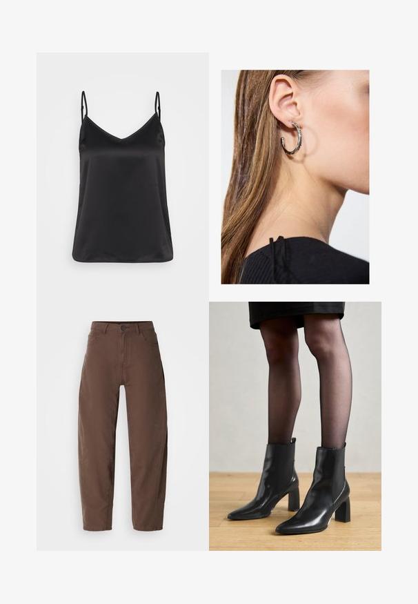 Schwarzes Satin-Camisole mit V-Ausschnitt, dünnen verstellbaren Trägern und einer glatten, glänzenden Textur. Keine Muster oder zusätzlichen Akzente.; Braune gerade geschnittene Hose mit vorderen Knopf und Reißverschluss, Gürtelschlaufen und Seitentaschen, dargestellt auf einem weißen Hintergrund.; Schwarze Leder-Ankle-Boots mit spitzer Zehenform, klobigem quadratischem Absatz und schlankem Design. Verfügt über elastische seitliche Einsätze für leichtes An- und Ausziehen.; Silberne Creolen mit polierter Oberfläche, die kleine goldene Akzentdetails und eine runde Form aufweisen, am Ohrläppchen getragen.