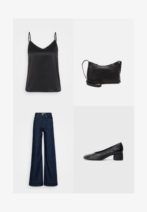 Črna satenasta kamizola z V-izrezom, tankimi nastavljivimi naramnicami in gladko, sijajno teksturo. Brez vzorcev ali dodatnih okraskov.; Temno modre jeans hlače z visokim pasom in širokimi nogavicami, z prednjimi žepi, zanke za pas, gumbom za zapiranje in vidno šivinami na belem ozadju.; Črne usnjene petke z zaobljenim nosom in srednjo blok peto. Gladka tekstura z minimalnimi detajli, ki vključuje subtilno elastično odprtino.; Črna usnjena torba čez ramo z gladko teksturo, ukrivljeno obliko, nastavljivim trakom in zadrgo. Minimalističen dizajn brez okrasnih detajlov.