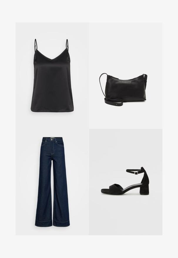 Juodas satino kultinis marškinėlis su V-formos iškirpte, plonomis reguliuojamomis petnešėlėmis ir lygiu, blizgiu paviršiumi. Be raštų ar papildomų akcentų.; Tamsiai mėlynos aukšto liemens plačiakojės džinsai su priekinėmis kišenėmis, diržo kilpelėmis, mygtuko uždarymu ir matomu siuvimu ant balto fono.; Juodos aksominės basutės su plona kulkšnies juosta, atvira pirštų dalimi ir nedideliu blokuotų kulniukų. Lygus paviršius ir minimalūs akcentai.; Juodas odinis petinis krepšys su lygiu paviršiumi, išlenkta forma, reguliuojama dirželiu ir užtrauktuku. Minimalistinis dizainas be puošmenų.