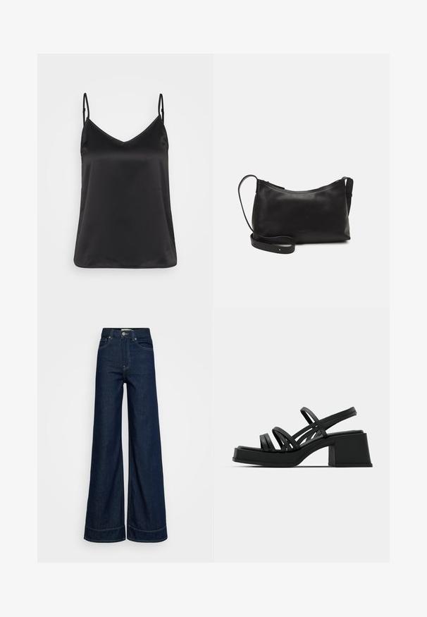 Fekete selyem camisole V-nyakkivágással, vékony állítható pántokkal és sima, fényes textúrával. Nincsenek minták vagy további díszítések.; Sötétkék, magas derékú, bő szárú farmernadrág elülső zsebekkel, övhurkokkal, gombos zárással és látható varrással, fehér háttér előtt.; Fekete magas sarkú szandál, több vékony pánttal és széles tömbsarkal. Letisztult kialakítás, matt felülettel. A talpbetét enyhe ívvel rendelkezik.; Fekete bőr válltáska sima felülettel, ívelt formával, állítható pánttal és cipzáras záródással. Minimalista dizájn díszítmények nélkül.