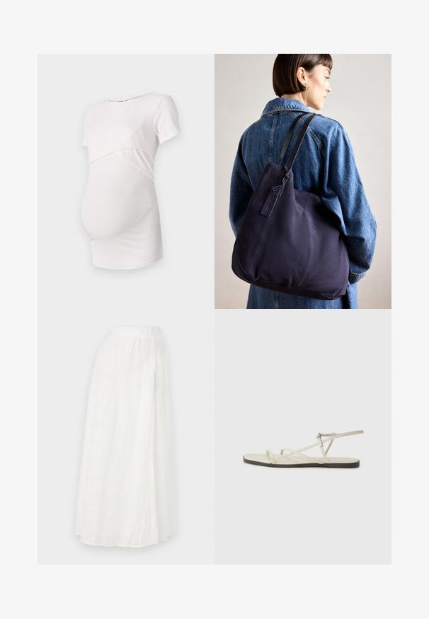 Šviesiai rožinė nėščiosioms skirta marškinėliai, trumpomis rankovėmis, glotnus audinys, prigludęs dizainas su išlenktu siūlu po krūtine, patogus kontūras.; Balta maksi sijonas su elastinga juostele, turintis tekstūrinį gėlių raštą ir nėrinių tipo išpjovas per visą audinį.; Bežiniai plokšti sandalai su keliais lieknais dirželiais ir reguliuojamu užsegimu. Padas plokščias, su lengvu tamsiu kontrastu krašte.; Tamsiai mėlynas drobės petinis krepšys su minkšta, struktūruota forma, pasižymintis juodu diržu, siuvinėtomis detalėmis ir mažyčiu prekės ženklo žymekliu.