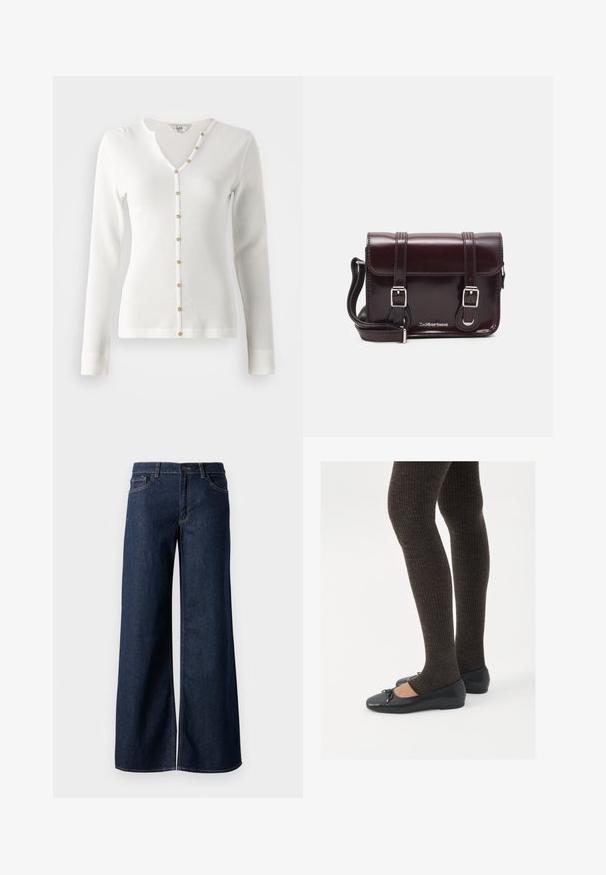 White long-sleeve ribbed cardigan with a V-neckline and gold button accents down the front. Smooth texture and fitted design.; Wide-leg jeans in dark blue denim. Features contrast stitching, five pockets, and a button closure at the waist. Smooth texture.; Black flat shoes with a small bow detail at the toe, paired with dark brown ribbed tights. Shoes have a smooth texture and low profile.; Burgundy patent leather crossbody bag with a rectangular shape, two straps, silver hardware, and a flap closure.