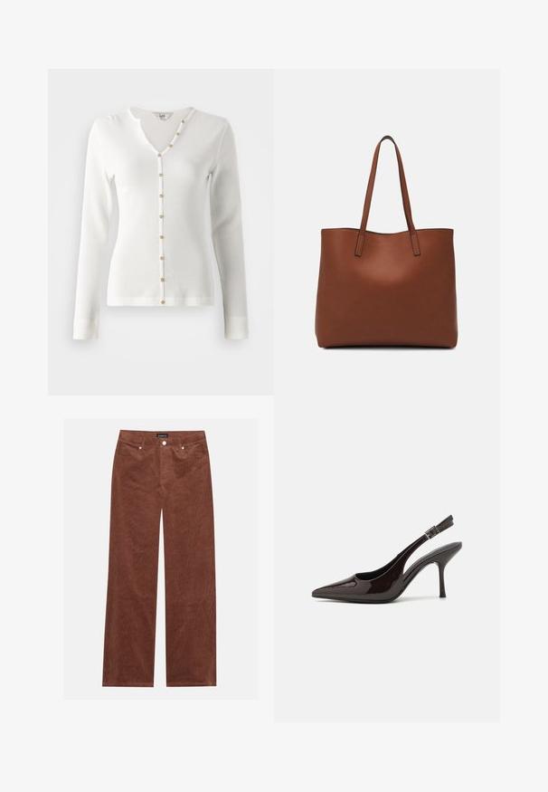 Cardigan bianco a maniche lunghe in maglia a coste con scollatura a V e bottoni dorati decorativi sul davanti. Texture liscia e design aderente.; Pantaloni larghi in corduroy marrone con finitura testurizzata, dotati di cinque tasche, chiusura con bottone e design classico della vita.; Scarpa con tacco alto tipo slingback in pelle verniciata marrone scuro lucido, punta affusolata, lati aperti e cinturino alla caviglia regolabile.; Borsa tote in pelle marrone con texture liscia, design con apertura superiore e due spallacci. Presenta cuciture minime e nessun hardware visibile.