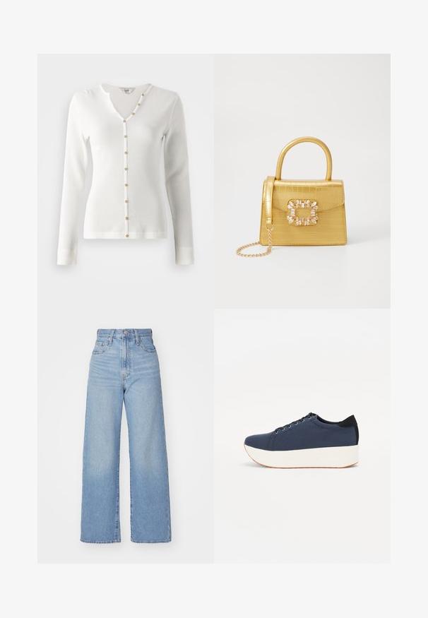 Valkoinen pitkähihainen ribbikardigan, jossa on V-pääntie ja kultaiset napituskoristeet edessä. Sileä tekstuuri ja tiukka muotoilu.; Vaalean siniset korkeavyötäröiset löysät farkut, joissa on etuvetoketju ja nappikiinnitys, sekä edessä että takana taskut, valkoista taustaa vasten.; Sotilaspunainen tennari, jossa on teksturoitu kangasyläosa, valkoinen alustan pohja, pyöreä kärki ja musta kantapääkorostus. Varustettu kuudella nyörille tarkoitetulla reikällä.; Keltainen keinonahkainen krokotiililaukku, jossa on jämäkkä muotoilu, yläkahva, irrotettava ketjusanka ja koristeellinen kristallikoristelu lukossa.