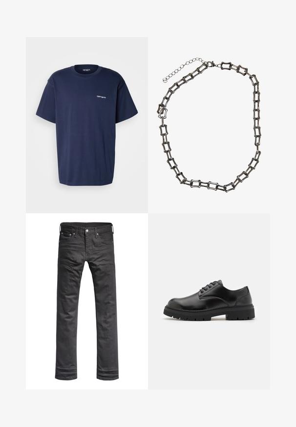 Carhartt WIP SCRIPT EMBROIDERY - Camiseta básica - air force blue/white; Vaqueros de mezclilla negros con un diseño clásico de pierna recta. Presentan bolsillos frontales, una bragueta con botones y detalles de costura sutiles.; Zapatos de cuero negro con punta redondeada, diseño con cordones y una suela de goma gruesa y texturizada. Presentan costuras a lo largo del borde y un acabado suave.; Collar de cadena de metal que presenta formas rectangulares alargadas y enlazadas con un acabado oscuro. Incluye un cierre de langosta y una extensión de cadena ajustable.