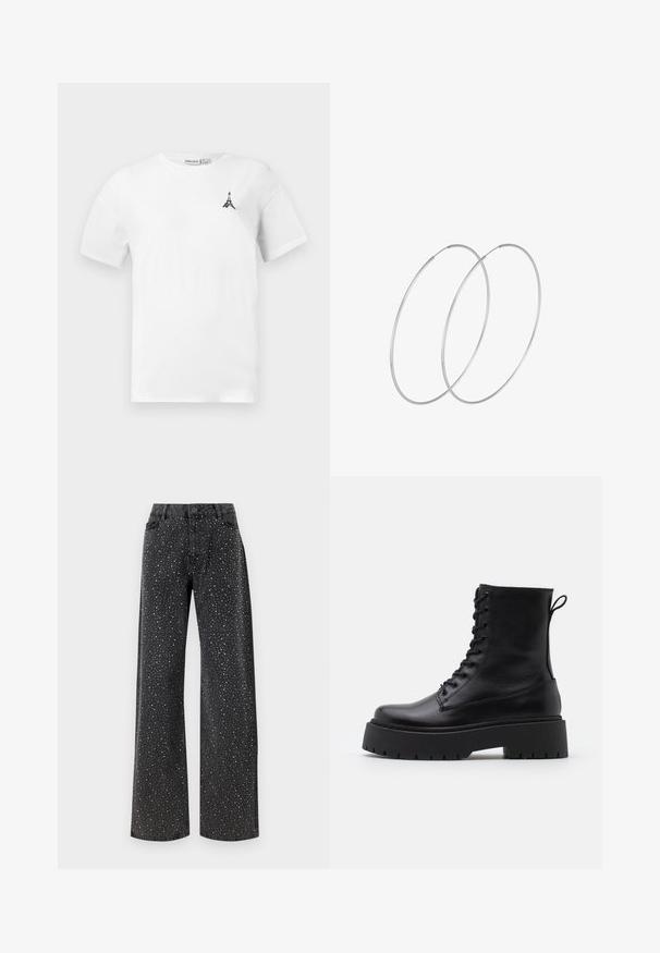 Valkoinen puuvillapaita, jossa on pyöreä kaula-aukko ja pieni musta Eiffel-tornin logo vasemmassa rinnassa. Lyhyet hihat ja rento malli.; Noisy May NMJANNEL LOOSE - Relaxed fit -farkut - black denim; Musta nahkainen nilkkureita, joissa on pyöreä kärki, nauhakiinnitys edessä ja paksu kumipohja, jossa on teksturoitu pinta. Takana vetotappi.; Hopehope hopeilla, joissa on minimalistinen muotoilu. Pyöreä muoto, sileä pinta ja ohut profiili. Kevyet ja kiillotetut.