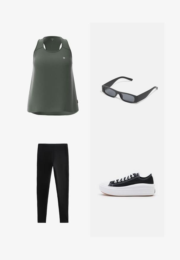 Groene tanktop van textuurstof, met een ronde halslijn, racerback ontwerp en subtiele logo op de borst.; Zwarte legging gemaakt van rekbare stof, met een strak design zonder zichtbare naden of zakken, geschikt voor verschillende activiteiten.; Zwarte canvas sneakers met witte veters, een witte rubberen teenkap en een chunky witte tussenzool. Bevat subtiele witte stiksels en een gumzool.; Zwarte rechthoekige zonnebril met donkere lenzen en dikke matte monturen. De zijstukken zijn licht taps toelopend met een gladde textuur.