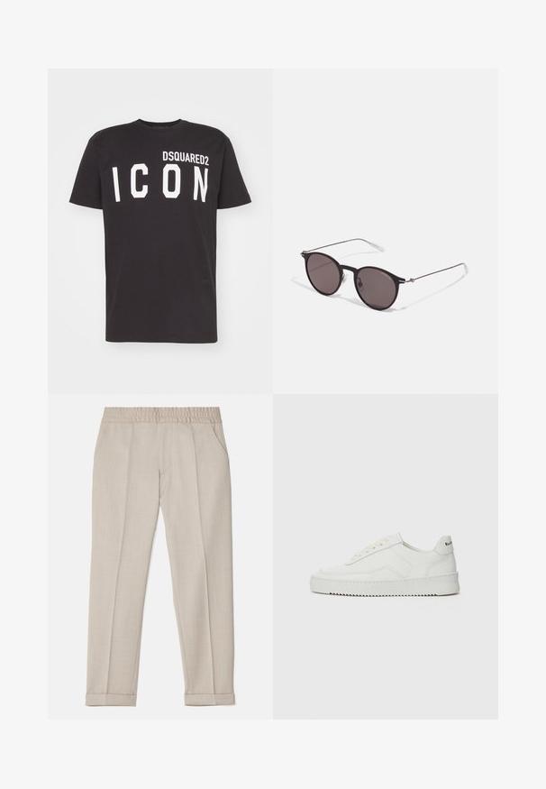 Zwart katoenen T-shirt met een ronde hals en korte mouwen, voorzien van de tekst "DSQUARED2 ICON" in vetgedrukte witte letters op de voorkant.; Filippa K TERRY CROPPED TROUSERS - Broek - sage melange; Witte leren sneaker met een gladde afwerking, ronde neus, platte veters en een gestructureerde zool. Kenmerkt zich door een subtiel logo op de hiel.; Zwarte ronde zonnebril met donkere lenzen en slanke metalen armen. Inclusief heldere tempelpunten en zilveren accenten bij de scharnier. Minimalistisch ontwerp.
