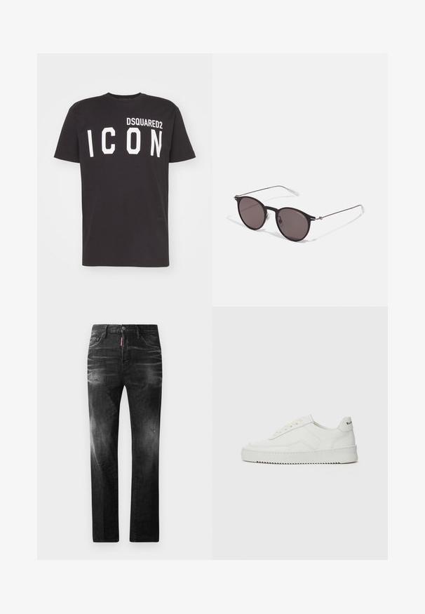 Crni pamučni T-shirt s okruglim izrezom i kratkim rukavima, na prednjoj strani s natpisom "DSQUARED2 ICON" ispisanim podebljanim bijelim slovima.; Crne traperice od denima ravnog kroja. Imaju izbljedjela područja, male oštećenja, klasičan dizajn s pet džepova i kopčanje na dugme.; Bijele kožne tenisice s glatkom površinom, okruglim vrhom, ravnim vezicama i teksturiranom potplatom. Imaju suptilan logo na peti.; Crne okrugle sunčane naočale s tamnim staklima i tankim metalnim ručkama. Uključuju prozirne vrhove ručki i srebrne naglaske na šarkama. Minimalistički dizajn.