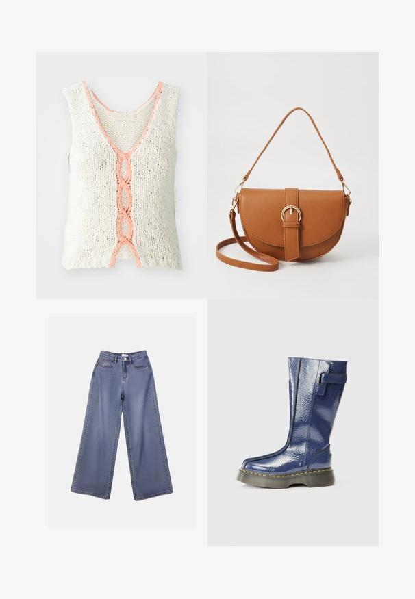 Strikket ermeløs topp i krem med v-hals, med en flettet korall detalj foran. Teksturert stoff med løs passform.; Bredde ben jeans i lys blå vask, med høy livhøyde, frontlommer og knappelukking med beltehemper.; Blå, blank knæ-høje støvler med rund tå, sidelukning og vertikale sømdetaljer. Har en tyk, sort platformssåle med gule syninger.; Brun lærcrossbody-veske med en buet form, gullhardware og et spenneakcent. Har en avtakbar skulderreim.