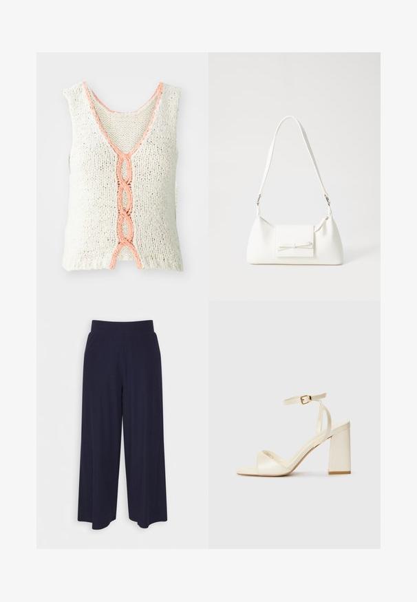 Top de malha sem mangas em creme com decote em V, apresentando um detalhe trançado em coral na parte da frente. Tecido texturizado com corte solto.; Calças largas em tecido azul-marinho escuro com uma textura ribada. Apresenta uma cintura suave e uma silhueta fluida, atingindo o comprimento até metade da panturrilha.; Sandálias de salto alto de cor creme, com bico aberto, salto bloco largo, tira fina no tornozelo e um acabamento ligeiramente brilhante. Detalhe de fivela na tira.; Mala sintética branca com formato triangular, aba frontal plana e detalhe de laço, alça ajustável, textura suave e design minimalista.
