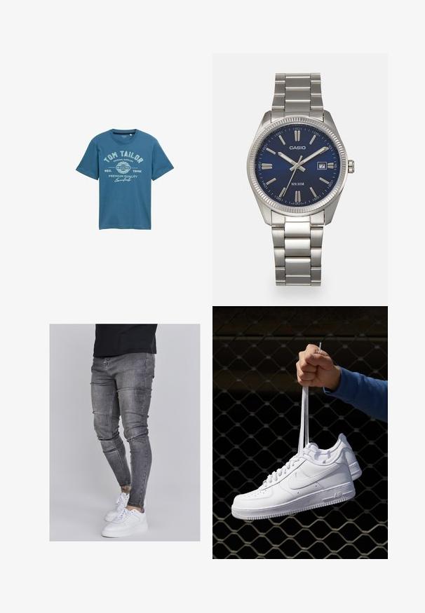 Tricou din bumbac albastru, cu mâneci scurte, prezentând un design imprimat cu text alb, care include numele brandului "Tom Tailor" și detalii suplimentare.; Blugi skinny din denim gri estompat, cu detalii uzate la genunchi, asortați cu adidași albi. Textură netedă, design slim fit.; Adidași albaștri din piele cu perforații, vârf rotund, talpă plată și șireturi groase, cu un logo swoosh vizibil și cu inscripția "AIR" pe toc.; Ceas de mână din oțel inoxidabil argintiu cu un cadran albastru marin, marcaje orare metalice și o fereastră pentru dată la ora 3. Rezistent la apă până la 50 de metri.