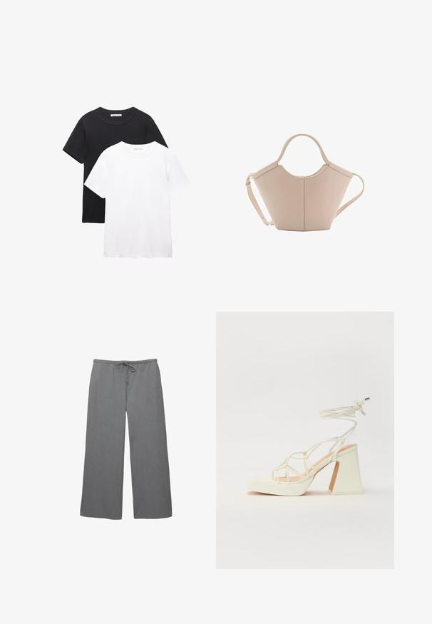 Dve majice s okroglim izrezom, ena črna in ena bela. Narejene iz mehke bombažne tkanine, imajo kratke rokave in preprost, klasičen dizajn.; Sive široke hlače iz mehkega tekstila, z elastičnim pasom in vrvico ter gladko teksturo. Preprost dizajn brez vzorcev.; Bela sandala na visokih petah s debelim petam, ki ima obliko trakcev in vezanje okoli gležnja. Gladka tekstura z platformo spredaj za dodatno višino.; Bežna usnjena torbica edinstvene oblike, z dvema kratkima ročajema in dolgim nastavljivim trakom. Gladka tekstura z minimalno kovinsko opremo.