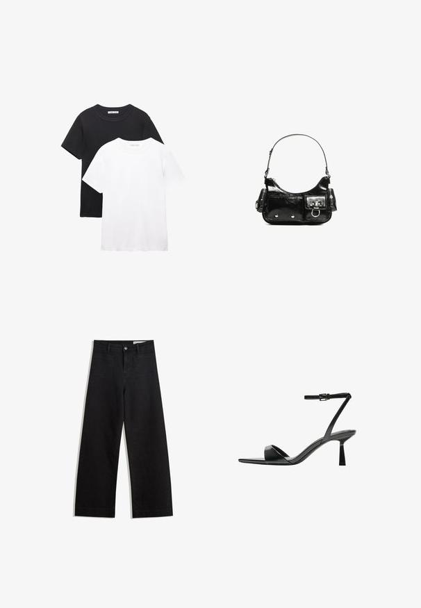 Två crew-neck t-shirts, en svart och en vit. Tillverkade av mjuk bomull, med korta ärmar och en enkel, klassisk design.; Svarta vida denimbyxor med hög midja, med fram- och bakfickor, sydda sömmar och knappstängning. Slät textur.; Bershka Sandaletter - black; Svart lackläderhandväska med en rundad form, en axelrem, framfickor och detaljer i silverfärg.