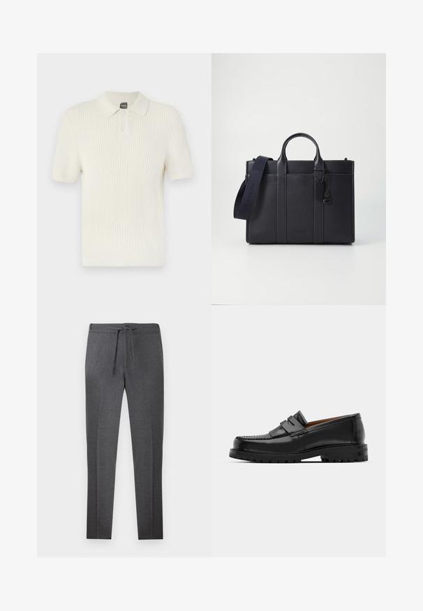 BOSS AKOPPO - Polo marškinėliai - open yellow; Tamsiai pilki siauri kelnių su elastine juosta ir virve, su subtiliomis raukšlėmis priekyje.; Juodi odiniai loafersai pasižymi pakelta siūle, dviem dekoratyviais dirželiais ant viršaus ir storu tekstūruotu padu, kad būtų užtikrintas didesnis sukibimas.; Tamsiai mėlynas odinis portfelis su dviem viršutinėmis rankenomis ir nuimamu diržu. Yra tekstūruotas paviršius, vertikalios siūlės ir logotipo detalė.