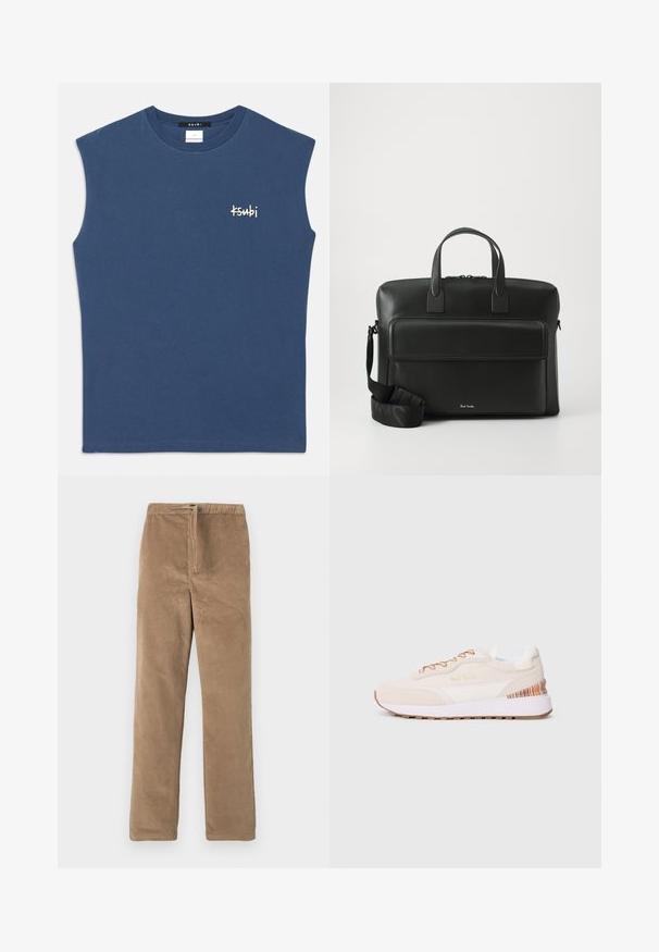 Mėlynas be rankovių medvilnės marškinėliai su apvaliu iškirpimu. Ant krūtinės yra mažas baltas "Ksubi" logotipas. Glotni tekstūra, laisvas kirpimas.; Rudos kontūrinės kelnės su elastinga juosta ir priekyje esančia raiščiu, tiesaus kirpimo, pristatytos baltame fone.; Batai sportiniai su šviesiai rudos spalvos zomšiniu paviršiumi, baltais akcentais, rudos gumos padu ir spalvinga juostele ant kulno; su rudos spalvos raišteliais.; Juodas odinis darbų krepšys su dviem viršutiniais rankenomis, priekinėmis kišenėmis ir nuimama juosta, su subtiliu prekės ženklu apačioje.