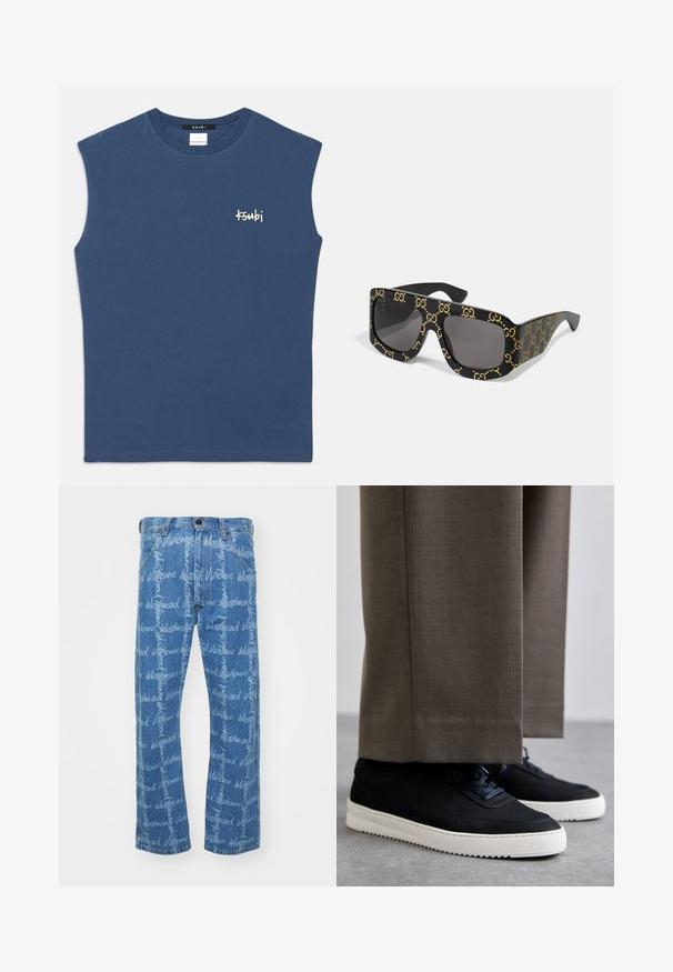 Blue sleeveless cotton shirt with round neckline. Features a small white "Ksubi" logo on the chest. Smooth texture, casual cut.; Blue denim jeans with a straight-leg cut, featuring repeated "Vivienne Westwood" text pattern in white. Classic five-pocket design.; Black suede sneakers with white rubber soles, featuring a rounded toe and laces, worn with gray tailored pants.; Black sunglasses with oversized square frames featuring a repeating gold "GG" logo pattern. Gray lenses with a smooth texture.