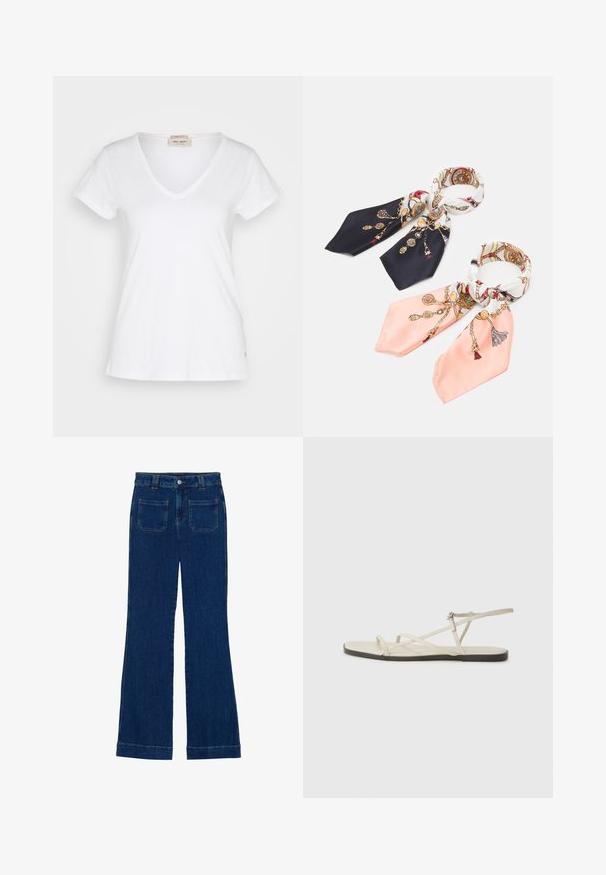 T-shirt bianco a maniche corte con scollatura a V, realizzato in tessuto leggero, caratterizzato da una leggera texture e un piccolo logo sul bordo.; Jeans a zampa d'elefante in denim di colore blu scuro, con una consistenza liscia, design a cinque tasche e chiusura a bottone in vita.; Sandal in beige piatta con multiple cinghie sottili e una fibbia regolabile. La suola è piatta con un leggero contrasto scuro lungo il bordo.; Anna Field 2 PACK - Foulard - dark blue/pink; Borsa tote in pelle nera con texture liscia, forma strutturata, due manici e un evidente dettaglio in fibbia argentata sul davanti.