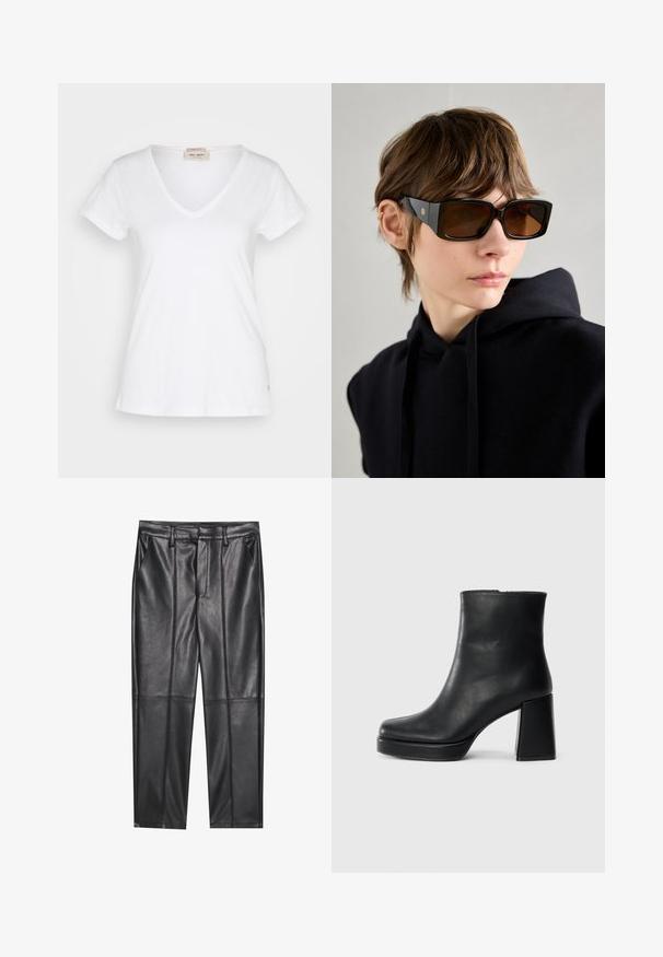 Hvid, kortærmet V-hals t-shirt lavet af letvægtsstof, med en subtil tekstur og en lille logo detalje ved kanten.; Sorte læderbukser med en glat overflade, der har lige pasform, to forlommer og synlige sømdetaljer.; Sort læder ankelstøvle med blokhæl og platformssål, set fra siden på en ensfarvet hvid baggrund.; Store sorte oversized solbriller med en blank finish, rektangulær form, brune tonede linser og guld logo detalje på stængerne.